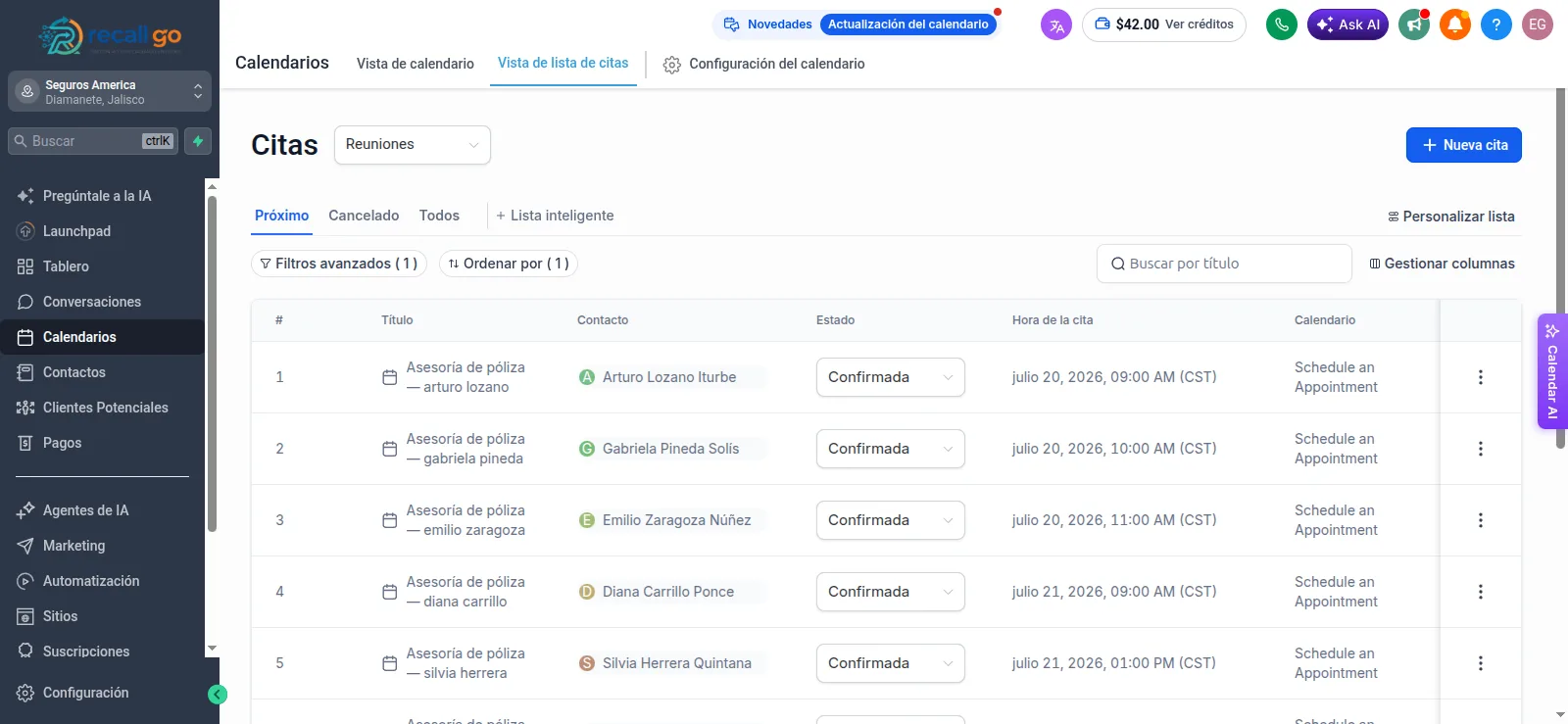 Lista de citas confirmadas en la agenda de RecallGo
