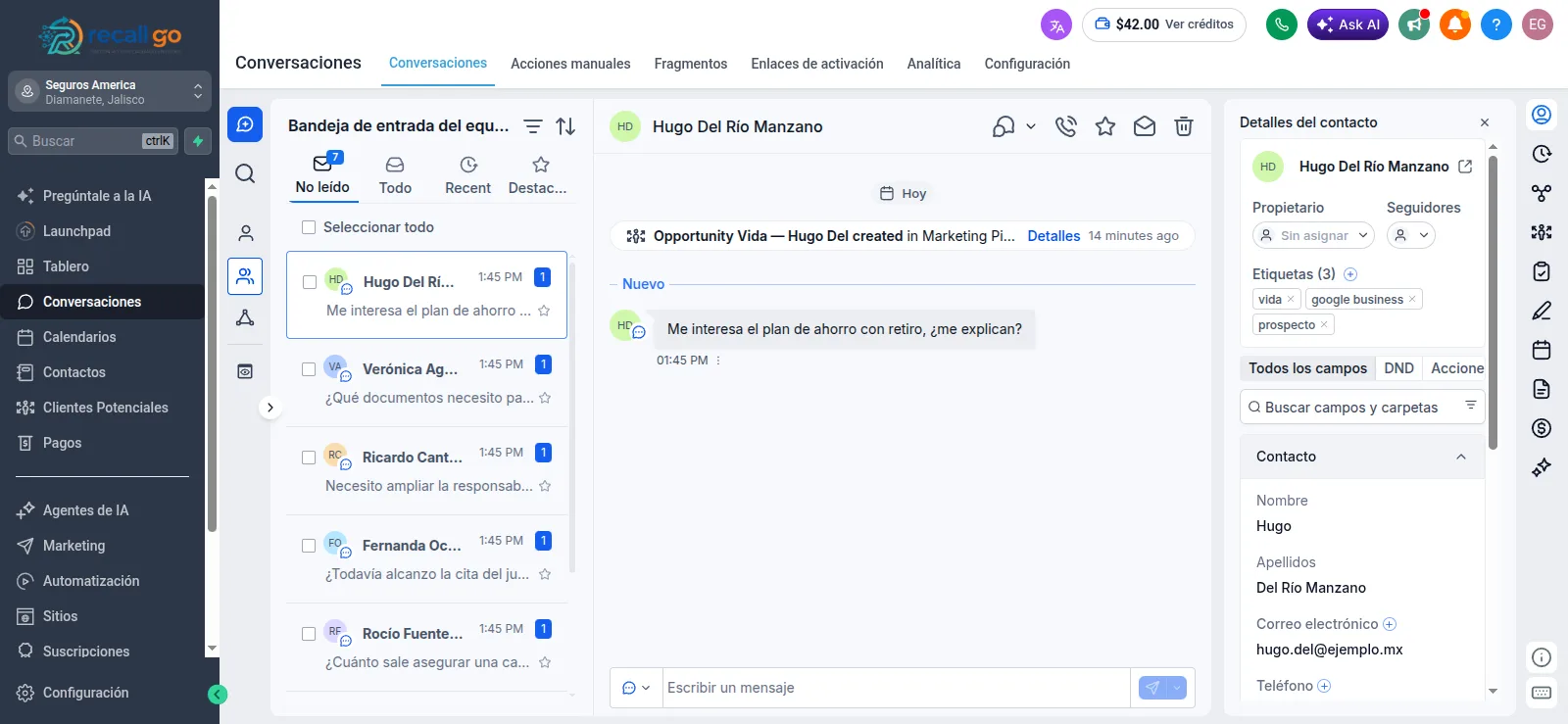 Bandeja unificada de RecallGo con conversaciones entrantes de varios canales