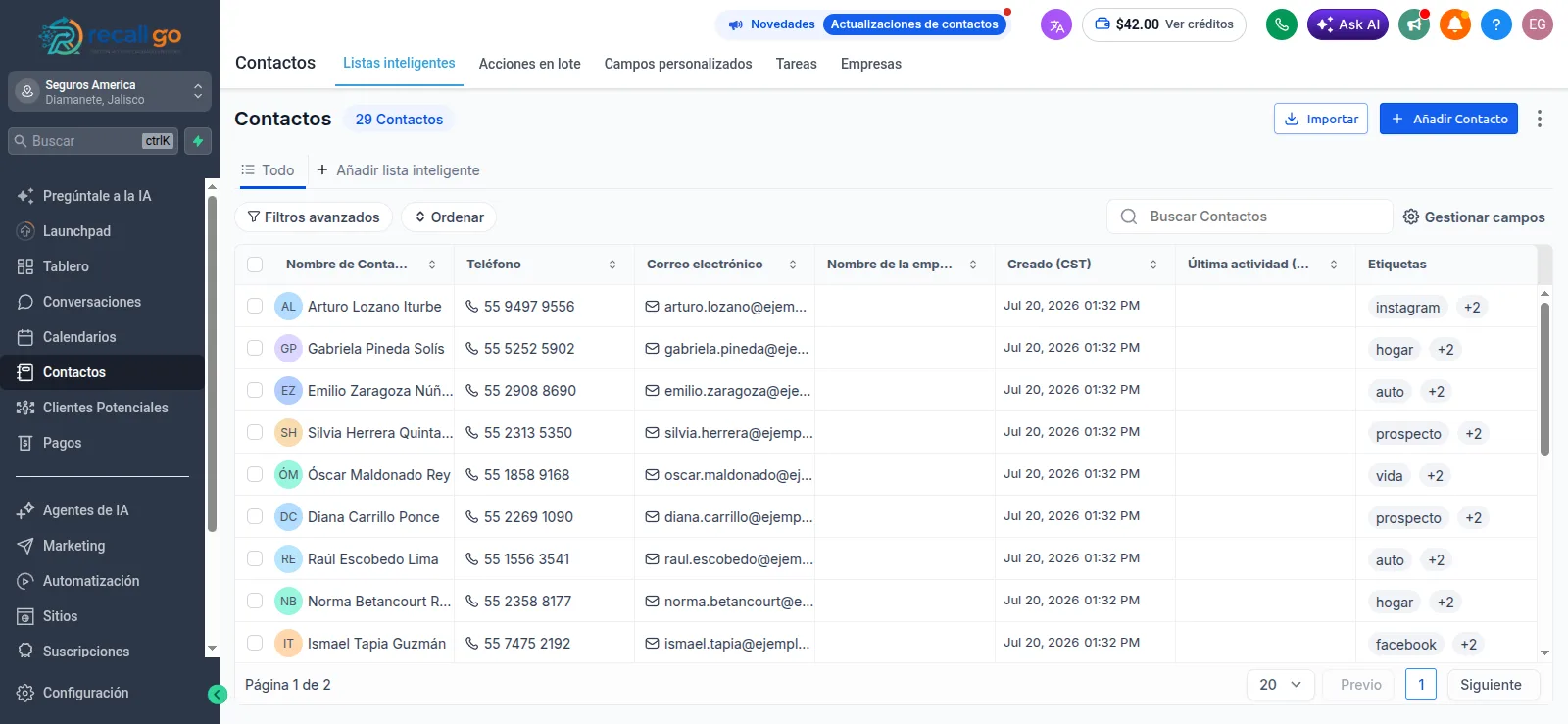 Base de clientes de RecallGo con teléfono, correo y etiquetas por canal de origen